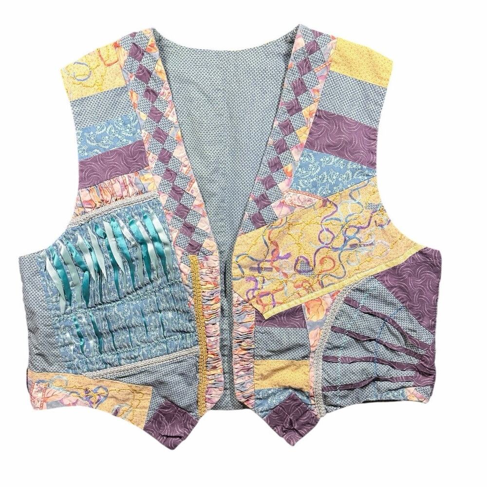 Handmade colorful boho art to wear patchwork mixed media open front vest artsy